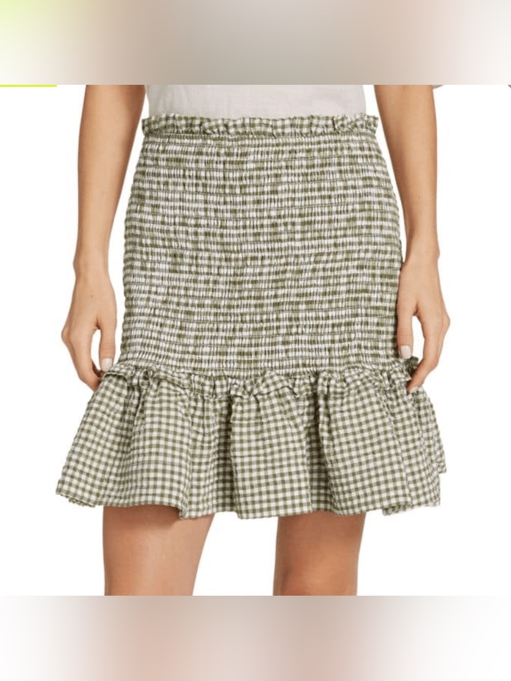 NWT Veronica Beard Aloya Smocked Gingham Mini Skirt in Olive/White, Size Large